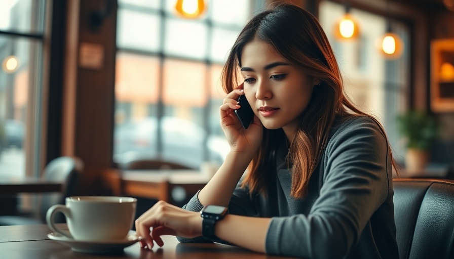 Young woman balancing work and life, checking watch in café.