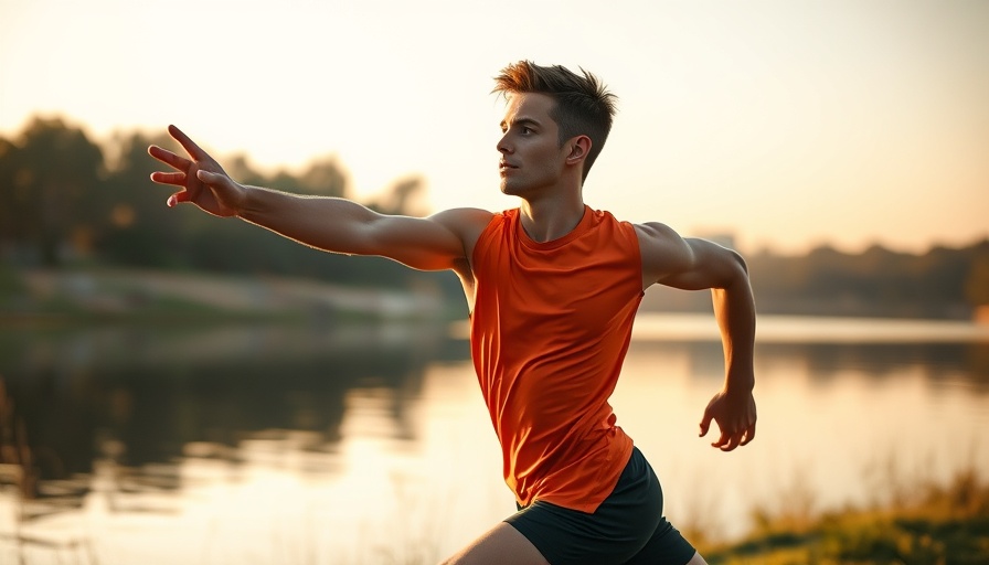 Fit runner cooling-down after running, stretching by a lake.