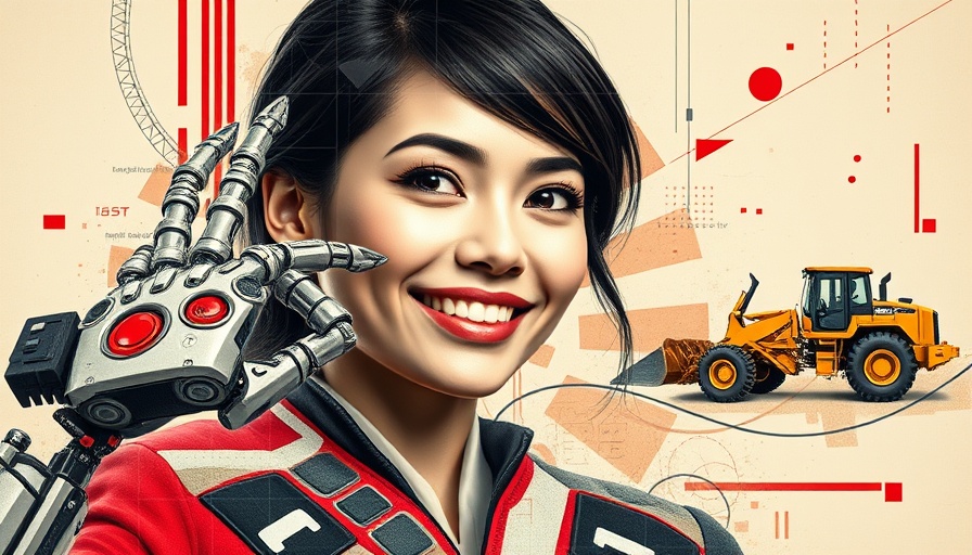 Future of construction with AI: businesswoman and tech collage.