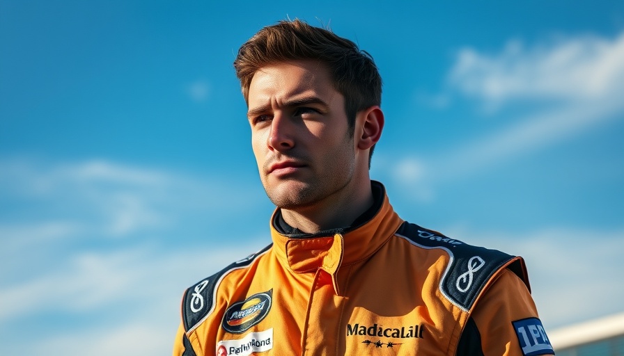 Race car driver in detailed suit standing under a clear blue sky.
