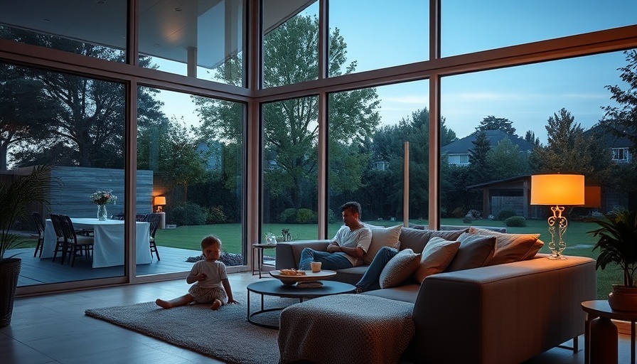 Family in modern living room with large glass windows at dusk, illustrating sustainable heating solutions.