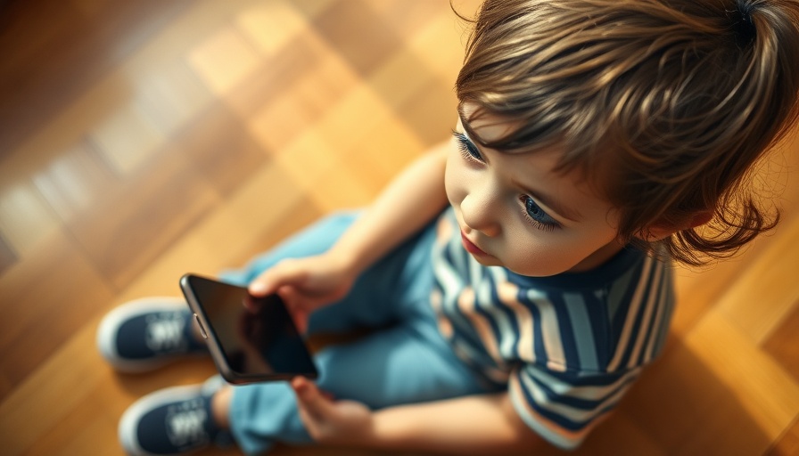 Young child using educational apps on a smartphone, wooden floor setting.