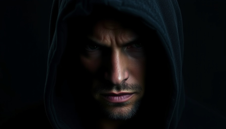 Man in dark hoodie with intense gaze, shadowed background, connection between psychopathy and alexithymia theme.