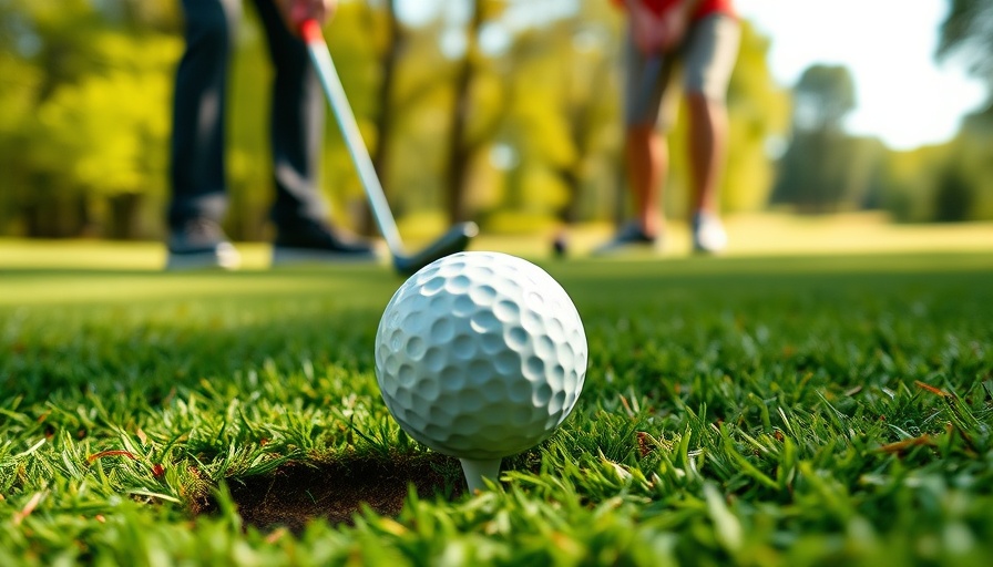 Golf ball near hole with golfer putting in background on sunny course.