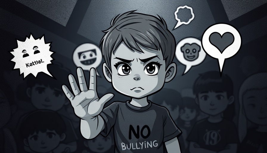Illustration of child resisting bullying with speech bubbles and crowd.