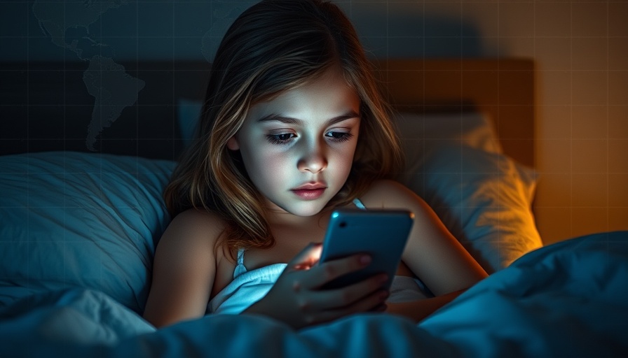Young girl using a smartphone in dimly lit room, emphasizing online safety.