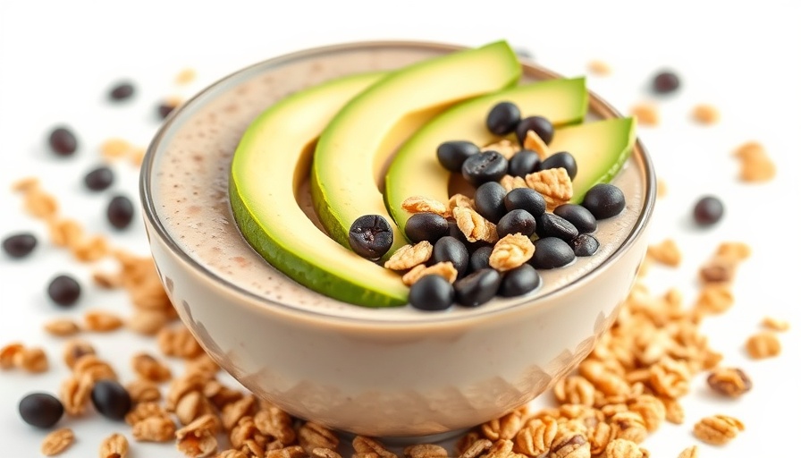 Appetizing vegan smoothie bowl with toppings of avocado, black beans, and granola.