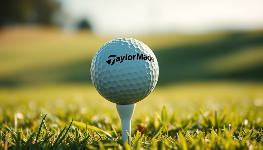 Close-up of TaylorMade golf ball on tee, sunny golf course.