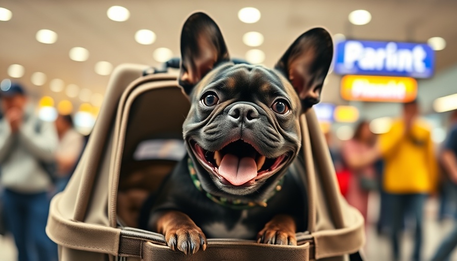 Adorable French bulldog in pet carrier at airport promoting airlines pet travel services.