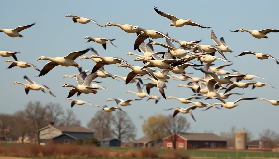 Flock of geese flying over rural landscape, highlighting nature.