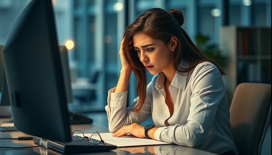 Woman experiencing burnout symptoms and fatigue in an office setting.