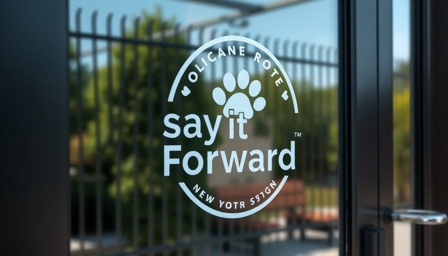 Spay it Forward logo on glass door reflecting outdoors, pet care.