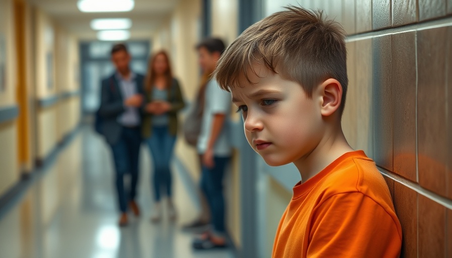 Young boy in distress in school hallway, Bullying Awareness for Parents.