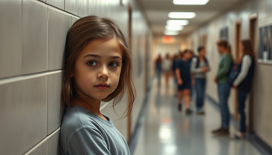 Pensive young girl reflecting in school hallway, students in background.