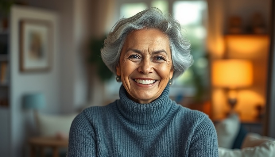 Confident older woman in a warmly lit indoor setting.