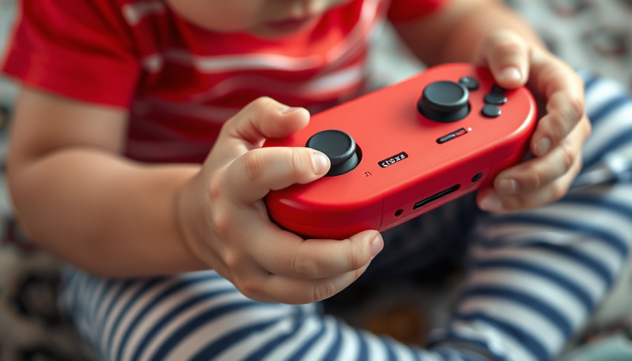 Child playing video game to boost IQ, close-up of hands with red controller.