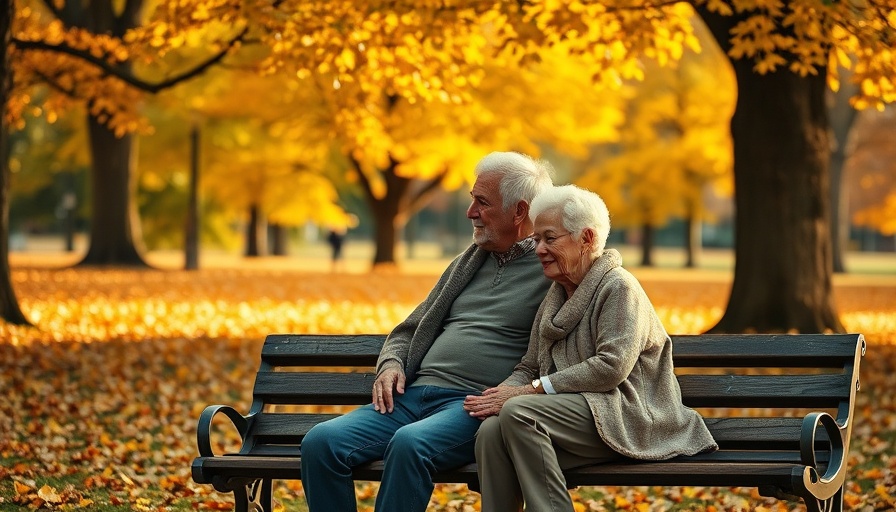 Elderly couple discussing health in autumn park for HTLV-1 awareness.