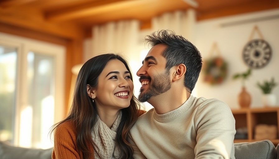 Happy couple in romantic relationship, smiling warmly indoors.