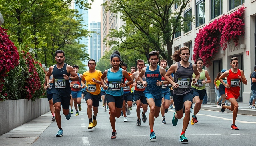 10K race participants running energetically along a city street.