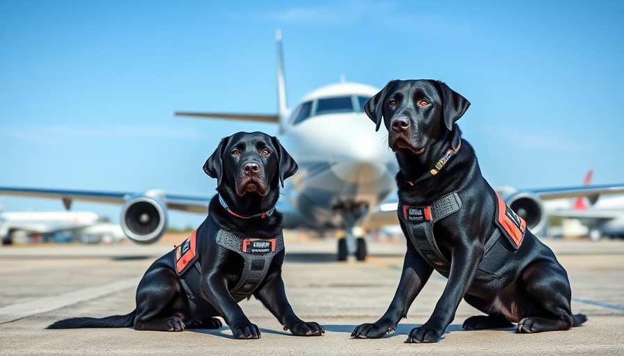 Black labradors in service vests sitting calmly on airport tarmac.