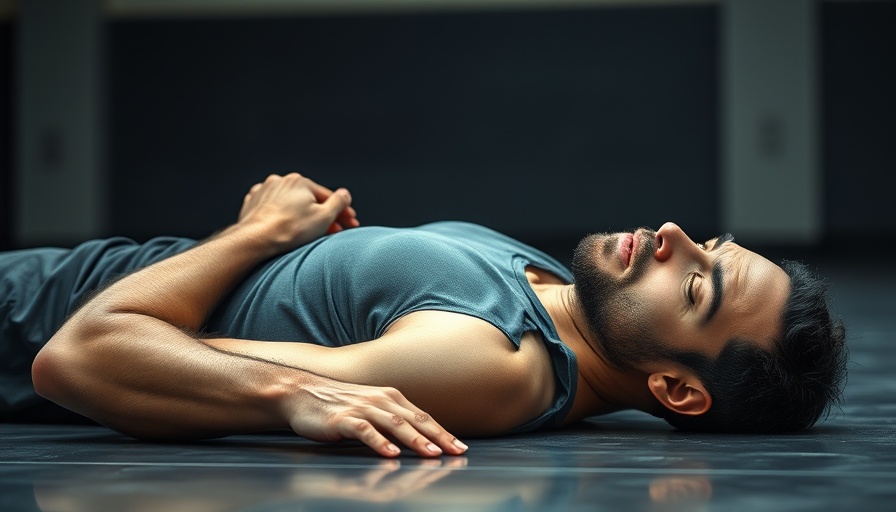 Man experiencing excess postexercise oxygen consumption, lying on gym floor.