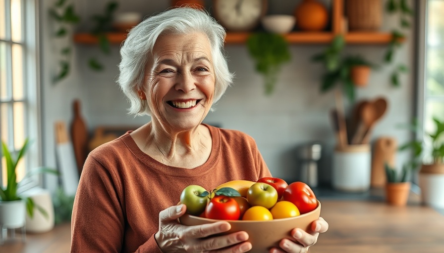 Elderly woman in kitchen with fruits, highlighting nutrition for graceful aging.