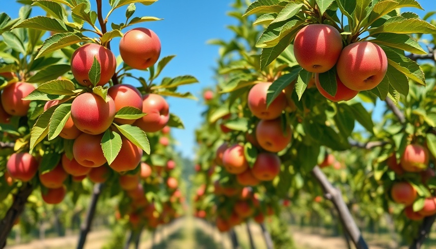 Herbicide drift impact on fruit farming: vibrant apple orchard scene.