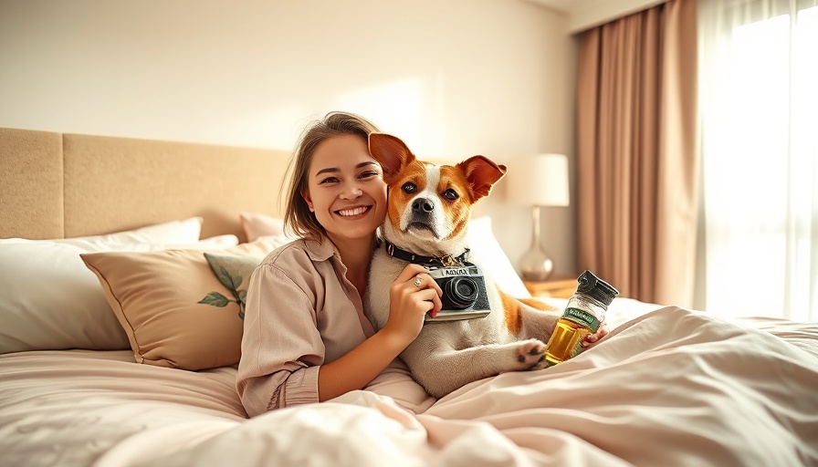 Smiling woman with dog and camera in pet-friendly hotel room