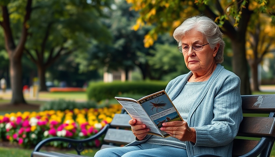 Senior woman reading about West Nile Virus health risks on park bench.