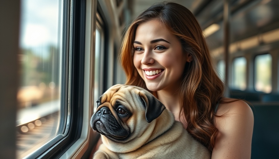 Young woman and pug looking out train window, traveling with digital pet passport.