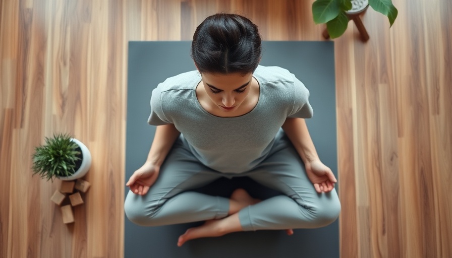 Person practicing mindfulness meditation on yoga mat with plant nearby.