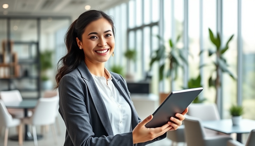 Confident woman in future-ready digital workplace 2027.