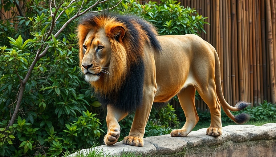 Majestic lion at a zoo, surrounded by greenery.