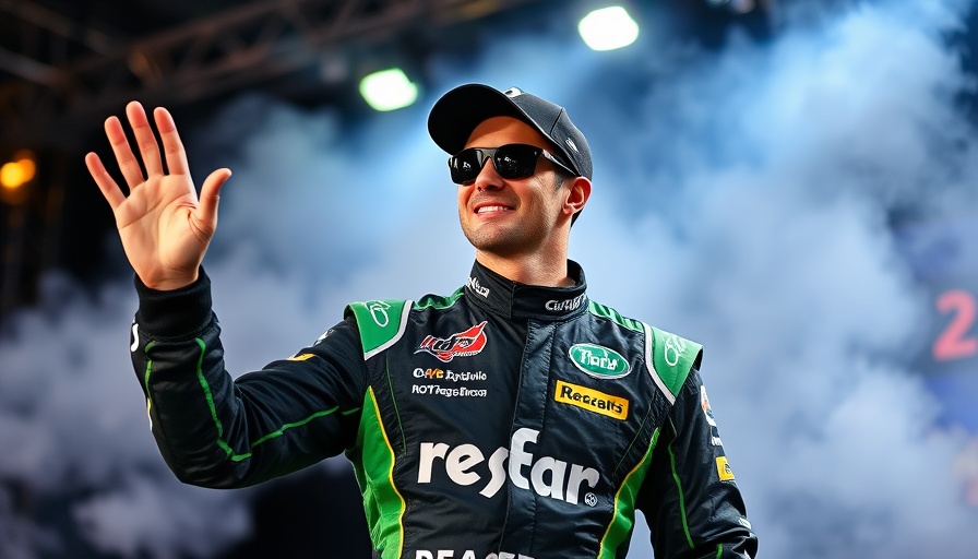 Racecar driver in black and green suit waving at event with smoke.