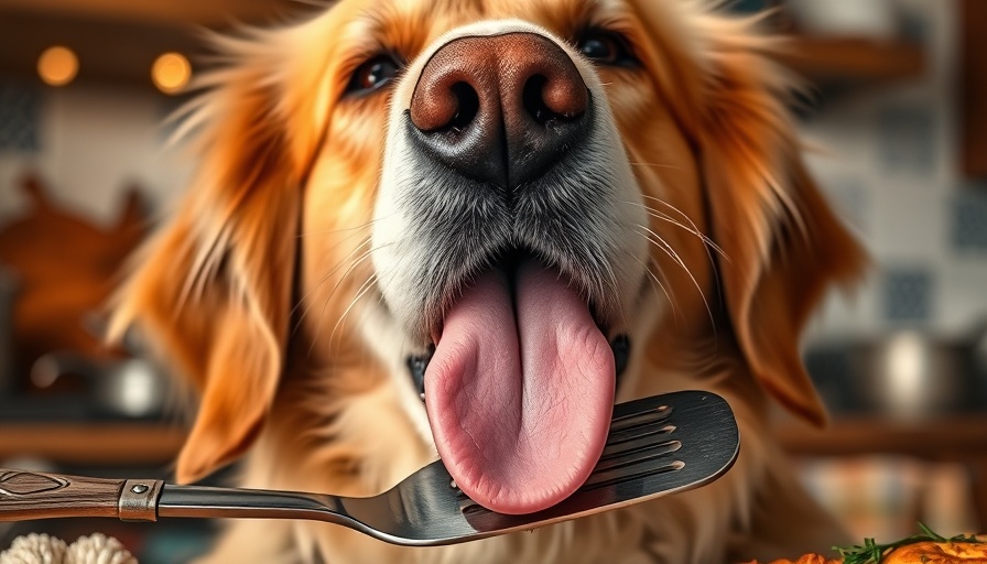 Golden retriever licking spatula in warm kitchen, Hambone Award finalists.