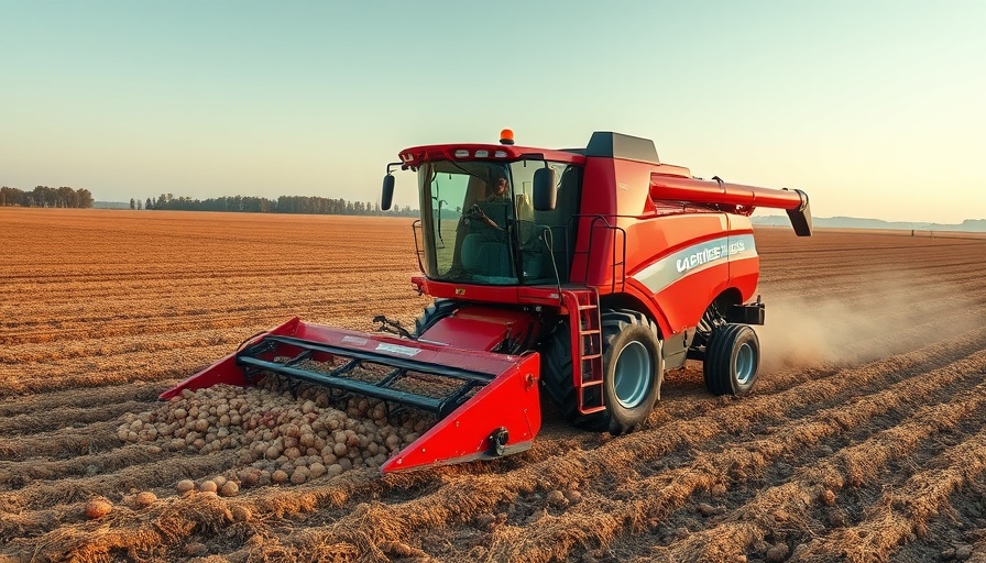 Early potato harvest in East Netherlands with a red harvester in a field.