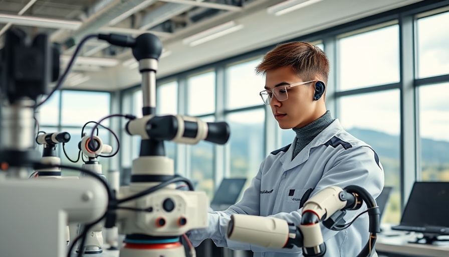 Young technician working in a modern lab on robotics equipment in 2025.