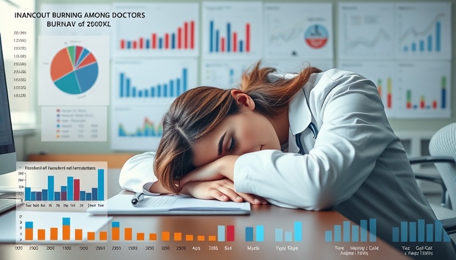 Infographic on doctor burnout with charts and stressed doctor.
