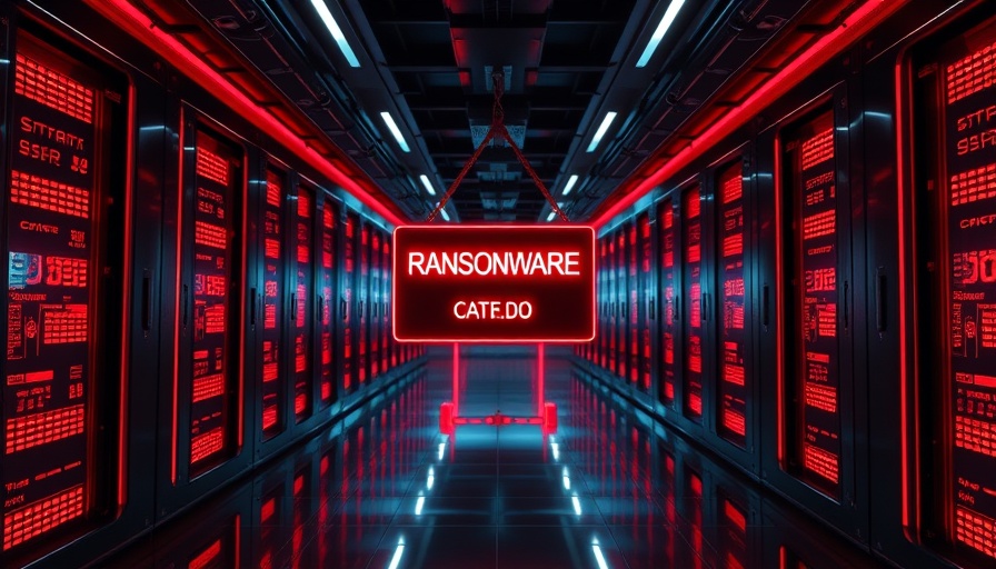 Ransomware warning in a digital corridor with red servers.