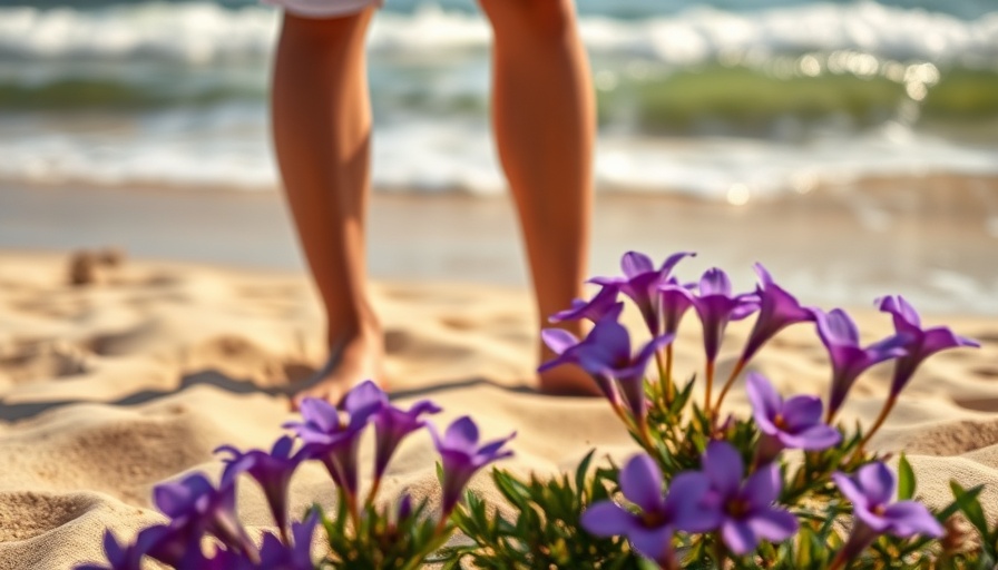 Legs on sandy beach with flowers, essentials for a sunny vacation.