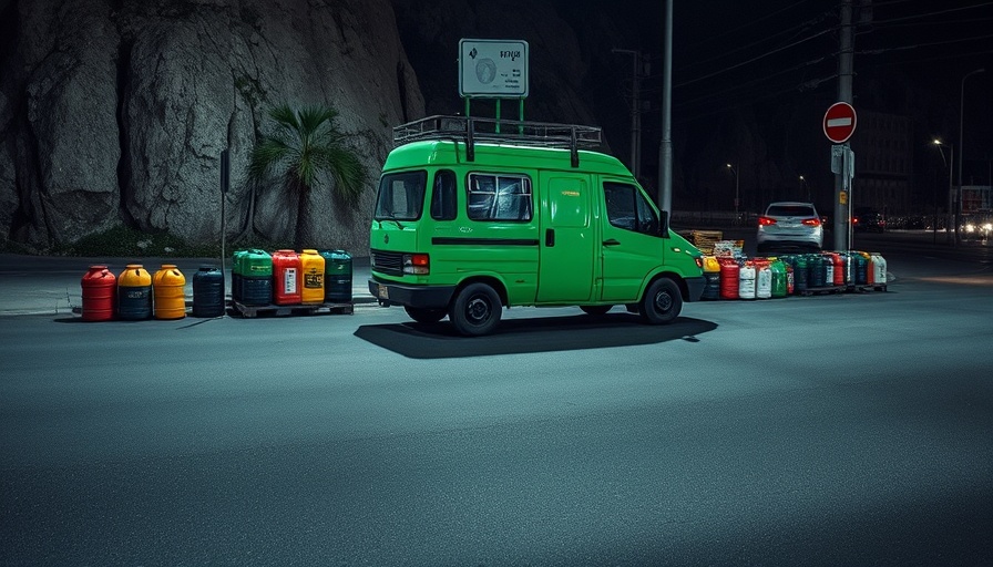 Street vendor supplies scattered at night near a utility vehicle in Hesperia.