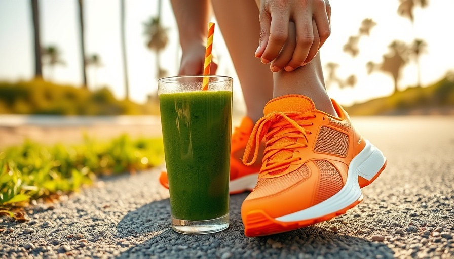 Fit and vegan athletes scene with athlete tying shoes and green smoothie.