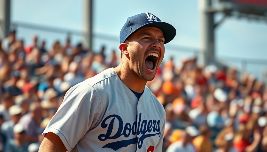 Dodgers player passionately celebrating in a sunlit stadium.