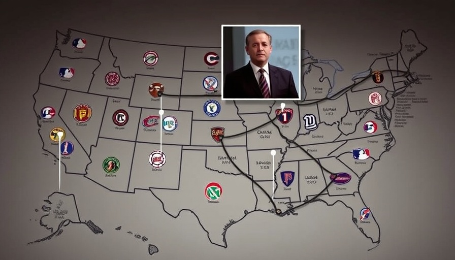 MLB realignment plan map with team logos and paths, inset of a man in a suit.