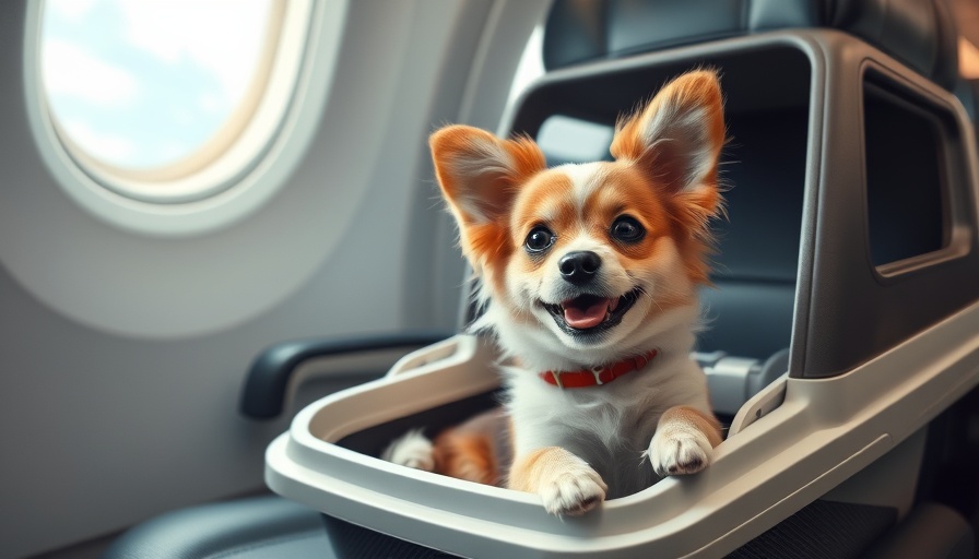 Adorable dog in carrier on airplane seat, pet travel UAE airlines.
