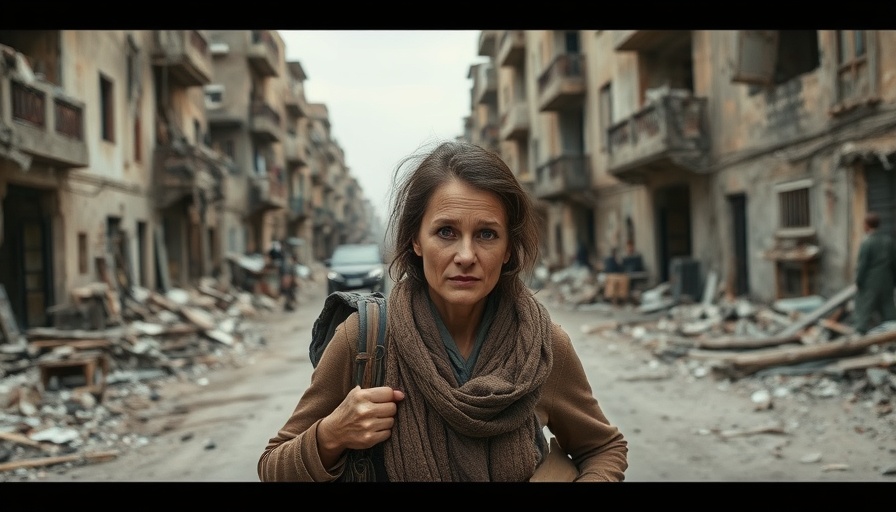 Woman in worn clothing carrying belongings through urban devastation, Bullying and Social Injustice Narratives.