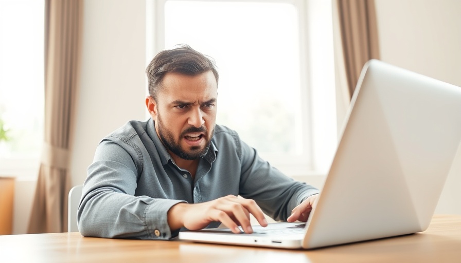 Man angrily typing on laptop, illustrating online political activity.