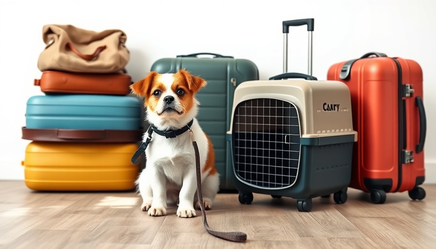 Cute dog with luggage and carrier for pet transport services.