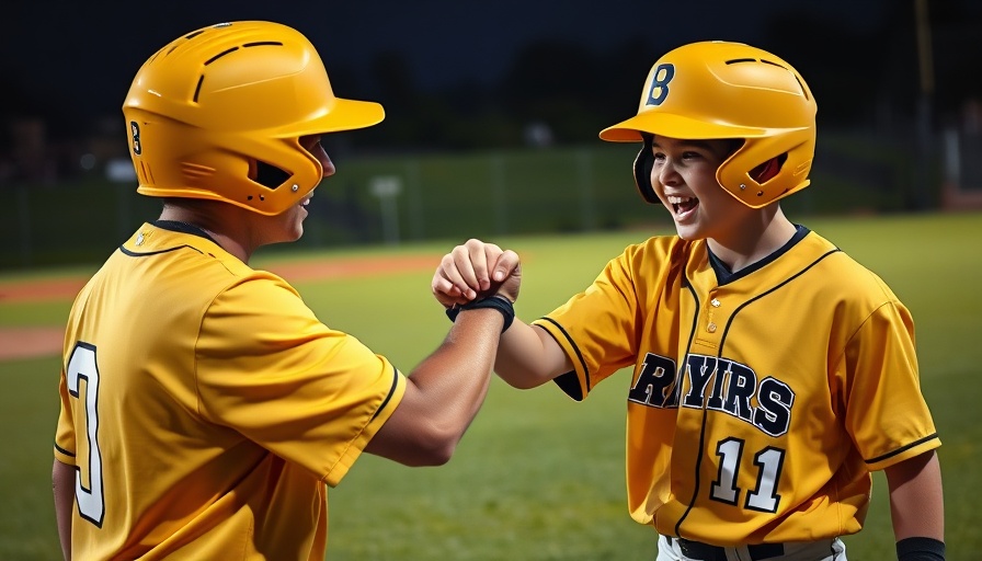 Young player and coach fist bump during nighttime Little League game.