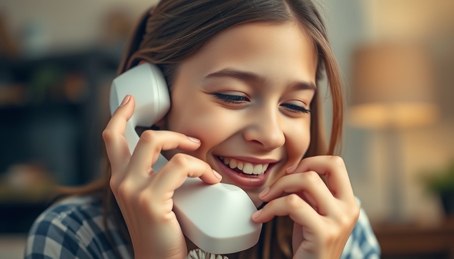 Young girl smiling while using a white landline phone, close-up.